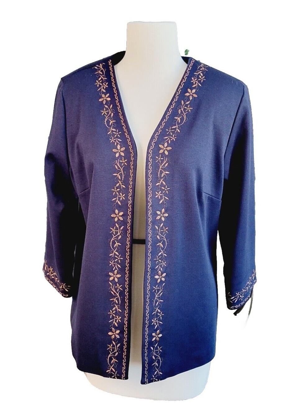 Alfred Dunner Jacket Womens 8 Navy Blue Embroidered Open Front Blazer